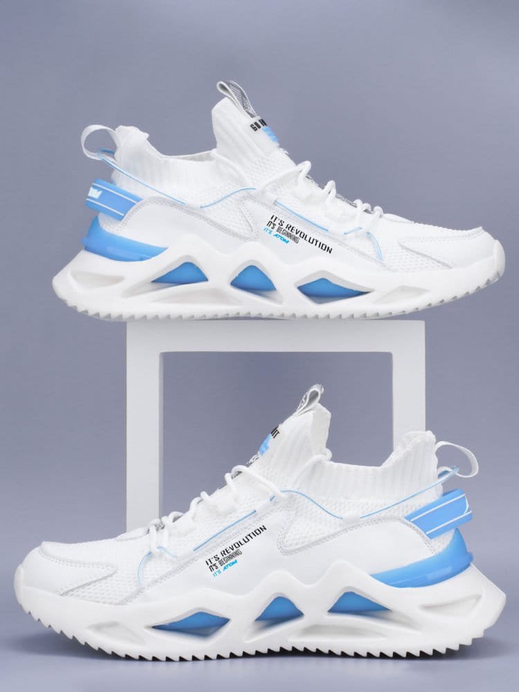 white & blue chunky sole knit sneakers
